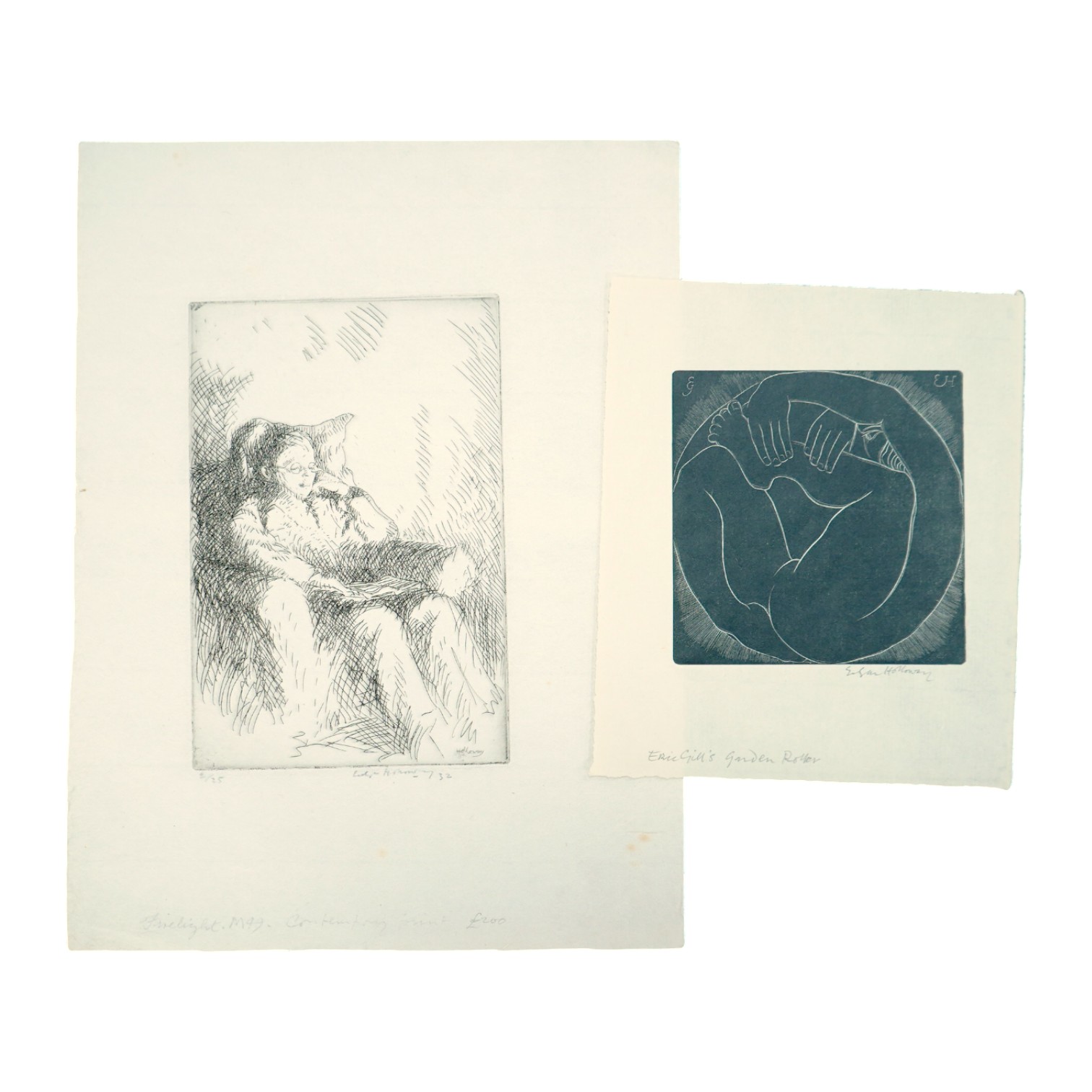 Edgar Holloway (1914-2008), two drypoint etchings, Firelight, signed and dated '32, 2/25, 15 x 10cm & 'Eric Gill's Garden Roller', signed, 9.5 x 9cm, both unmounted. Condition - light creasing to margins and light foxing